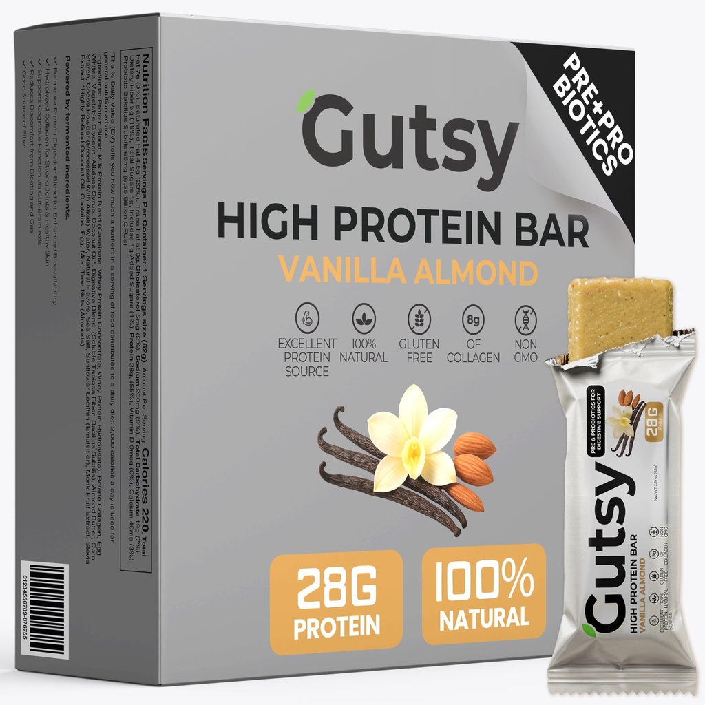 Gutsy High Protein Bars | 28g of Whey Protein 1g of Sugar | All Natural Protein Bars with Prebiotics and Probiotics | Healthy Snacks for Adults & Gluten Free Snacks | 4-Pack Vanilla