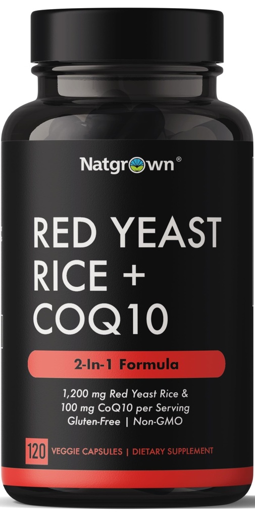 Natgrown Red Yeast Rice 1200 mg with CoQ10 100 mg - Supports Healthy Cholesterol Levels & Heart Health Support - Herbal Supplement for Men & Women - Vegan, Non-GMO - 120 Capsules