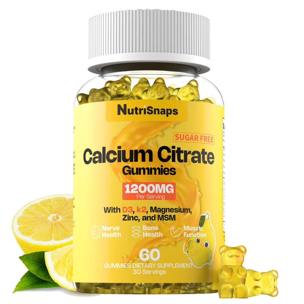 Sugar Free Calcium Citrate Gummies 1200mg with Vitamin D3 K2, Magnesium, Zinc, MSM for Men & Women, Bone, Muscle, Immune Support, Ultimate Absorption Calcium Supplement, Vegan, 60 Count