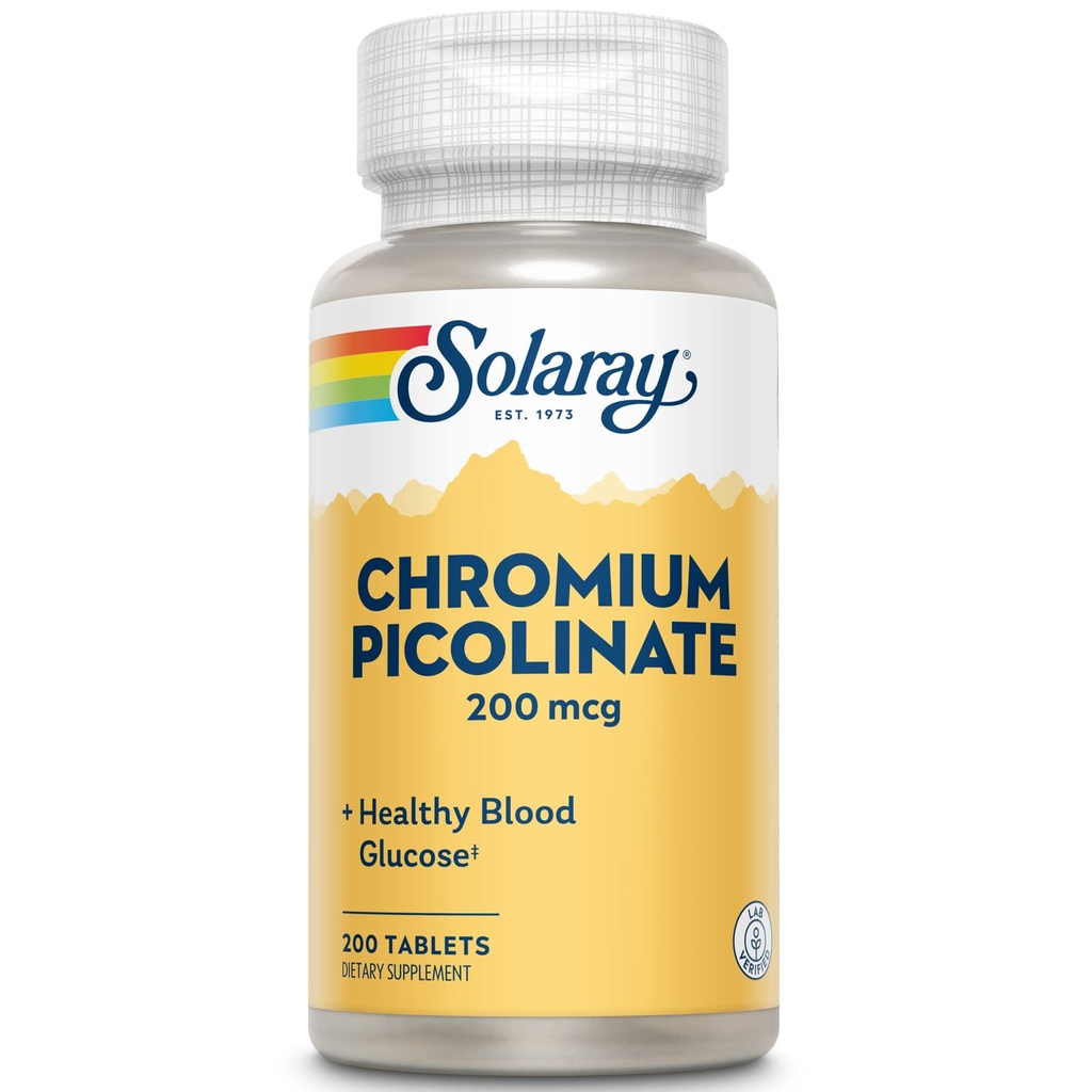 SOLARAY Chromium Picolinate 200 mcg Supplement - Metabolism Support for Men & Women, 200mcg per Serving, Blood Glucose Support - 200 Tablet Count | Metabolism Support for Men & Women, 200mcg per Serving, Blood Levels Support