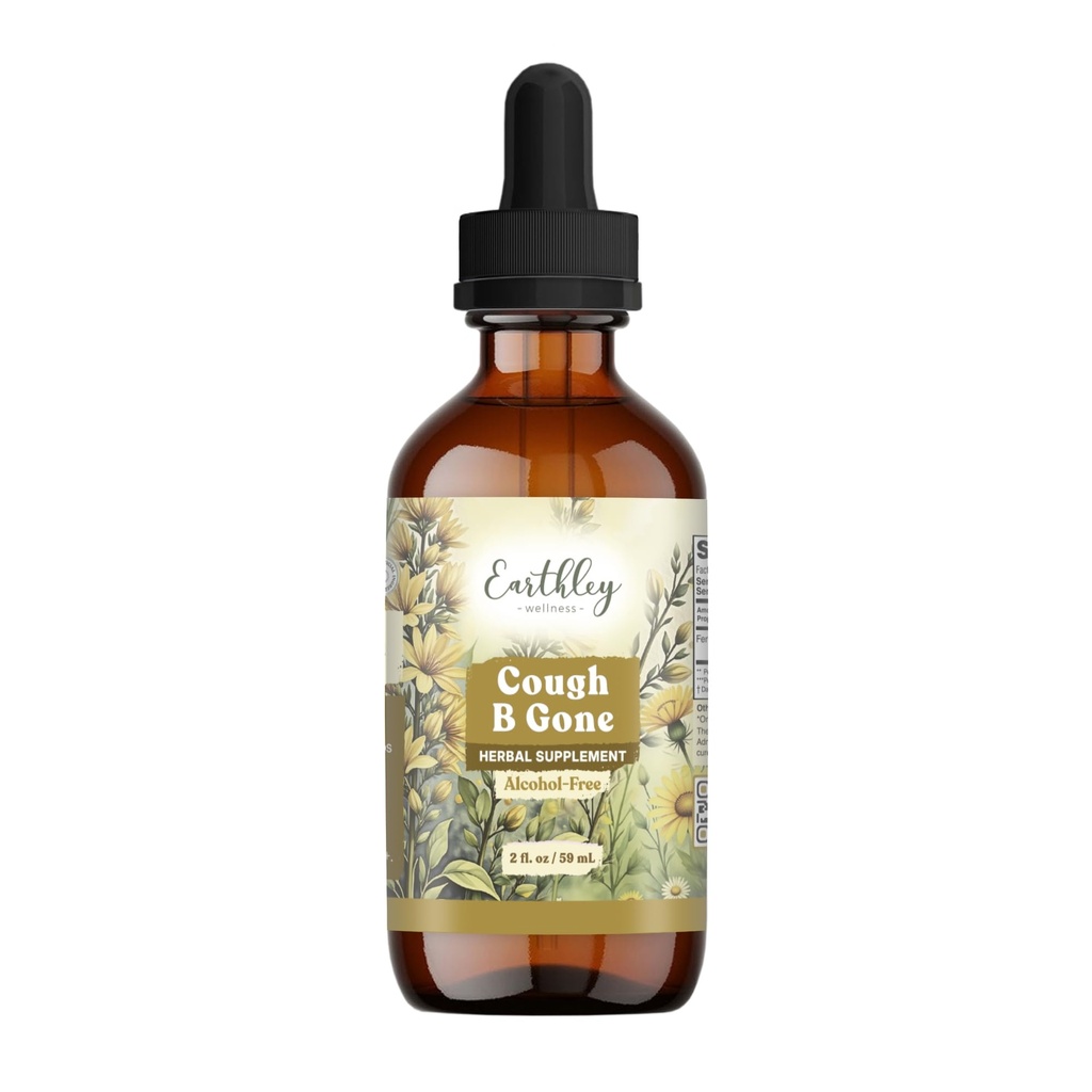 Earthley Wellness, Cough-B-Gone, Organic Herbal Formula, Alcohol-Free Herbal Tincture for Kids (6 Months+) & Adults, Cold and Cough Remedy, 12+ Month Supply (2oz Glass, Kids, 1200 doses)
