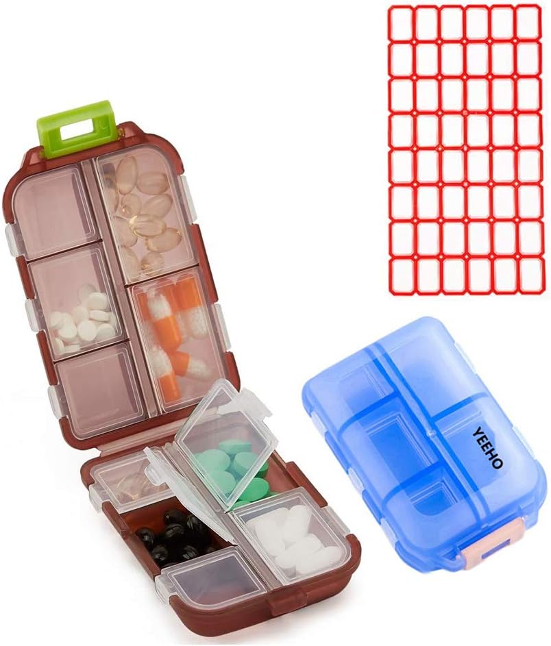 Pill Case (2 Pack) - Portable Small Supplements Tablet Container Box with 10 Compartments - Medicine Vitamin Organizer Dispenser Holder Storage for Travel Trip Pocket Purse(Blue+Chocolate)