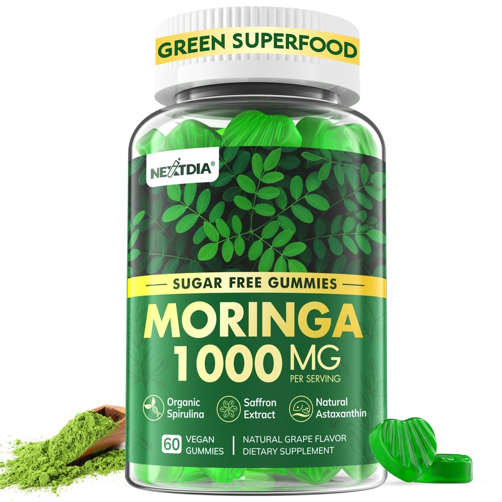 Moringa Gummies 1000mg - Organic Moringa, Ashwagandha, Spirulina, Saffron, Natural Astaxanthin 4mg & B12 - Nature's Multivitamin for Women & Men, Energy, Gut, Skin & Mood Support, Sugar-Free, 60Cts