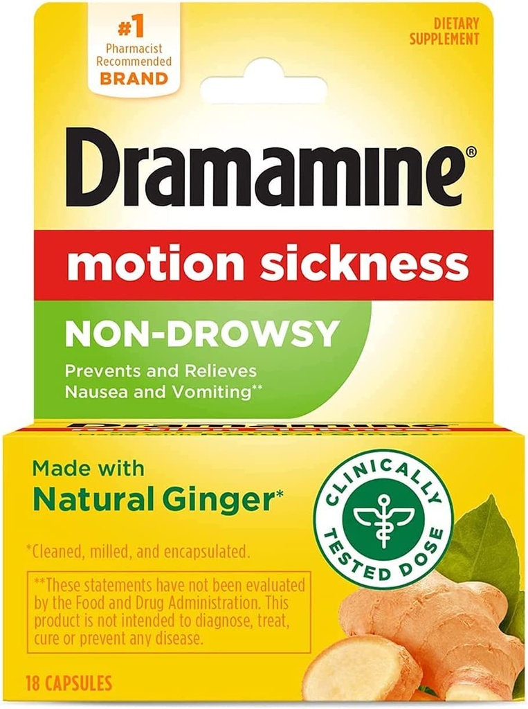 Dramamine Advanced Herbals Motion Sickness Relief, Non Drowsy, Natural Ginger Capsules, Prevents Nausea and Vomiting, Travel Sickness Relief, 18 Count (Pack of 5)