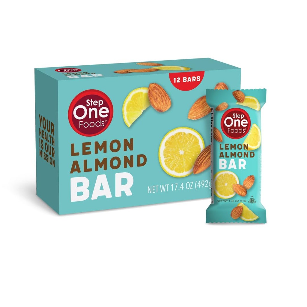 Step One Foods Lemon Almond Bar, Heart Healthy Snack Plant Sterols, Omega 3's High Fiber Snack Gluten & Dairy Free, Vegan, Zero Sodium, Granola Bars (12 Pack)