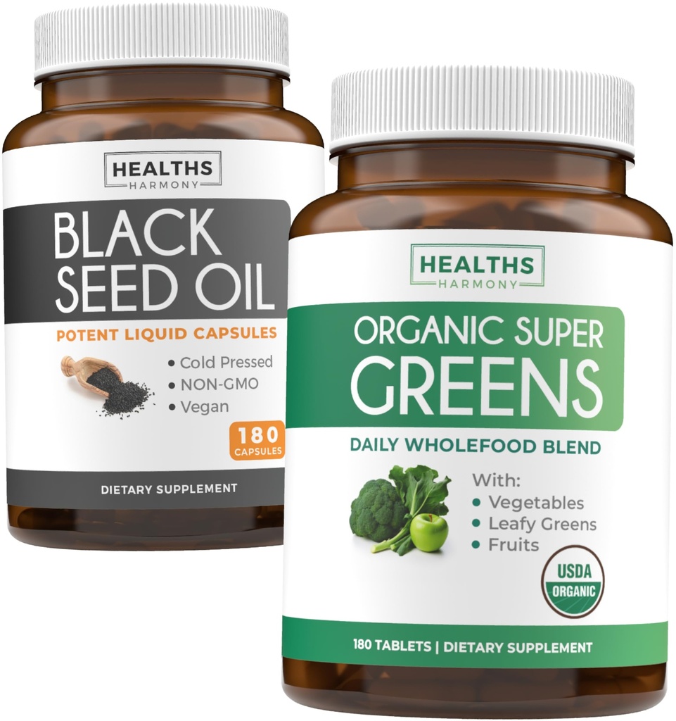 Black Seed Oil & Organic Super Greens (3-Month Supply) Seed & Sprout Bundle of Black Seed Oil (180 Capsules) Cold-Pressed Nigella Sativa & Organic Super Greens Powder (180 Tablets) Complete Superfood