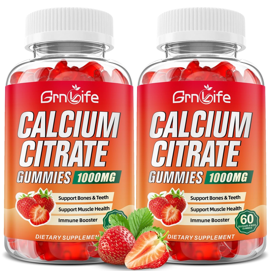 2 Pack Calcium Citrate Gummies, Sugar Free Calcium Citrate 1000mg for Muscle Healthy, Absorption Calcium Supplements for Adults & Kids, Strawberry, 120 Count