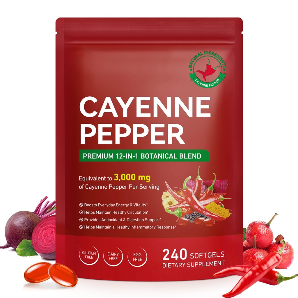 Cayenne Pepper Softgels Supplement, Rich in Vitamin E D3+K2 and Extracts of Grape Seed, Hawthorn, Beetroot and Others, Supports Leg Vein, Heart and Blood Vessel Health- 240 Softgels/1 Pack