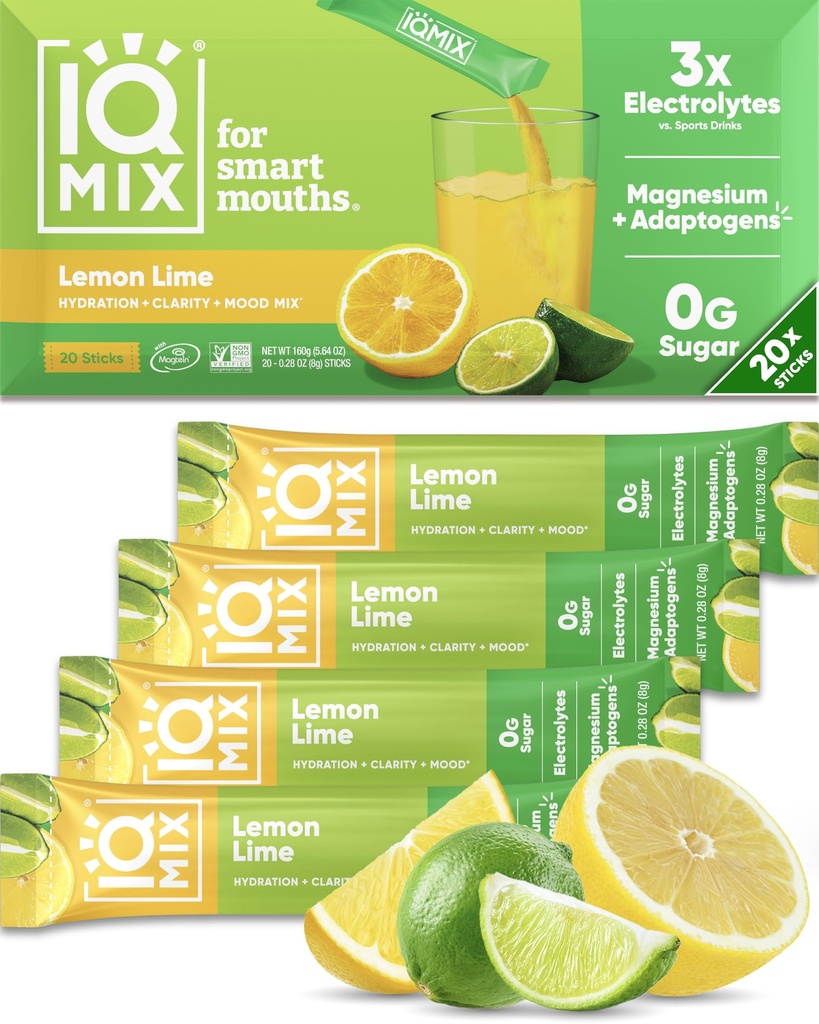 IQMIX Hydration Electrolyte Powder – 4-in-1 Formula for Hydration, Mental Clarity, Mood and Recovery – Sugar-Free Drink Mix, Keto, Magnesium L-Threonate, Lion’s Mane – 20 Count Lemon Lime