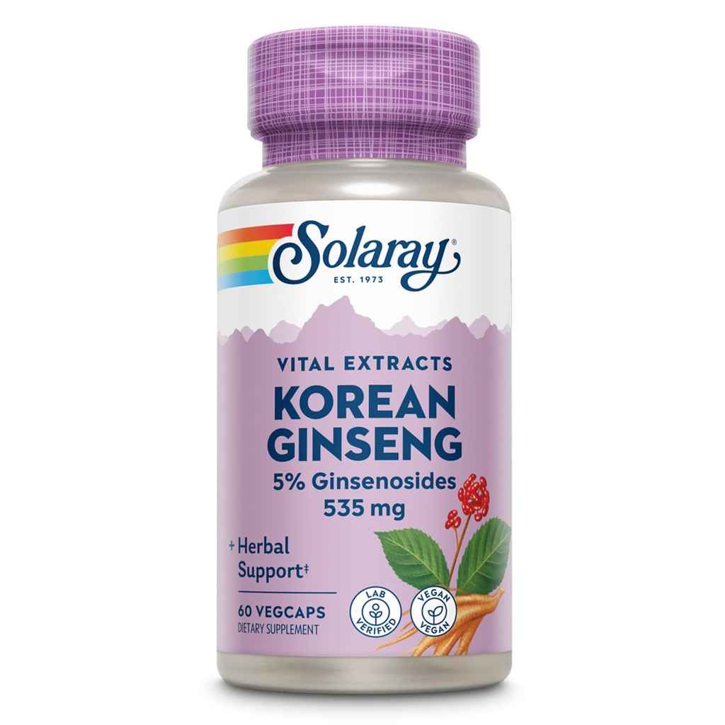 SOLARAY Korean Ginseng Root Extract - Herbal Support for Occasional Stress, Energy, and Physical Endurance - 5% Ginsenosides - Vegan, Lab Verified - 60 Servings, 60 VegCaps