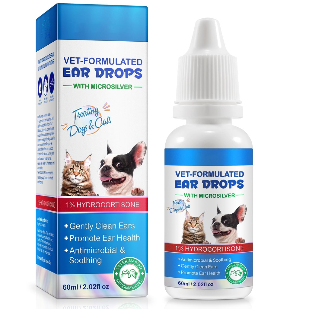 Dog Ear Infection Treatment Drops Yeast Ear Infection Treatment with 1% Hydrocortisone Ear Mites Treatment for Dogs Cat & Dog Ear Cleaner for Itchy Ear Relief (60ml)