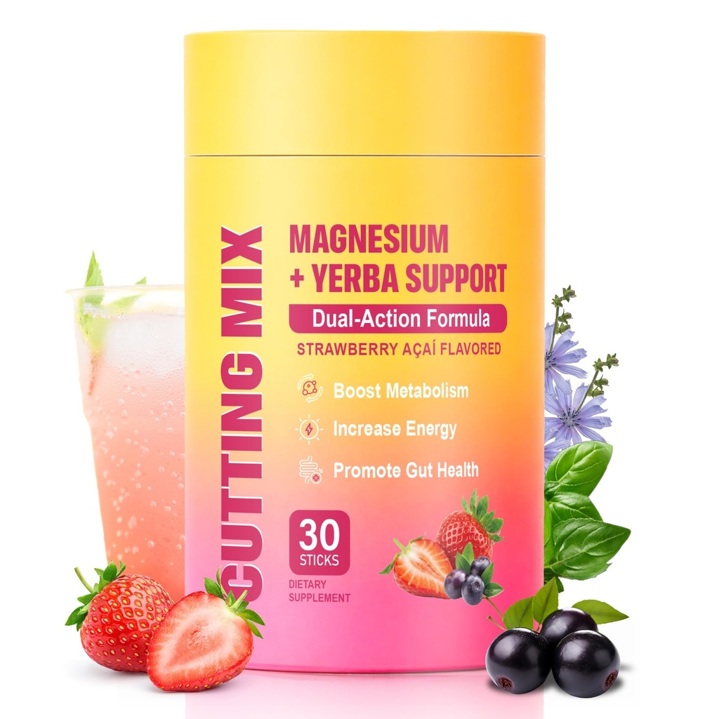 Cutting Drink Mix – Supports Energy & Gut Health with Magnesium, Berberine, Chromium, 5-HTP, Yerba Mate & FOS | Sugar-Free, Vegan, Non-GMO, Strawberry Açaí - 30 Servings