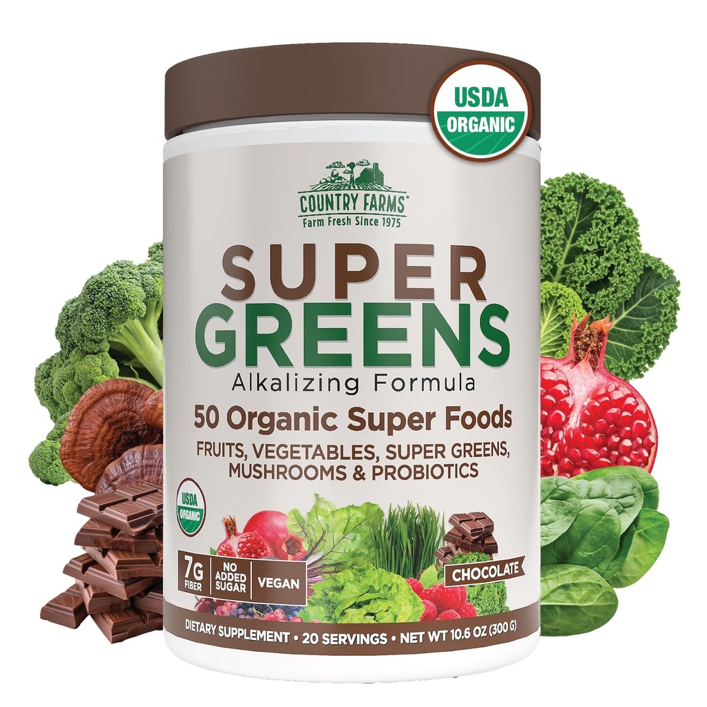 Country Farms Organic Super Greens Chocolate Flavor, 50 Organic Super Foods, USDA Organic Drink Mix, Packed with Fiber, Fruits, Vegetables, Mushrooms & Probiotics, Supports Energy, 7g Fiber