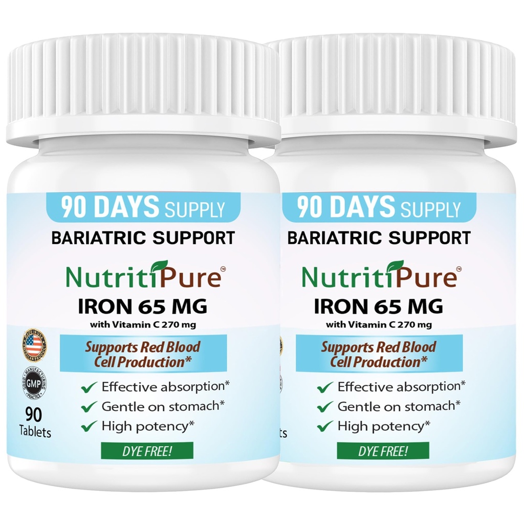 Carbonyl Iron Tablet 65 mg with 270 mg Vitamin C |180 Days Supply | for Women/Men | High Potency Bariatric Vitamins for WLS Patients Including Gastric Bypass | Dye Free (2)