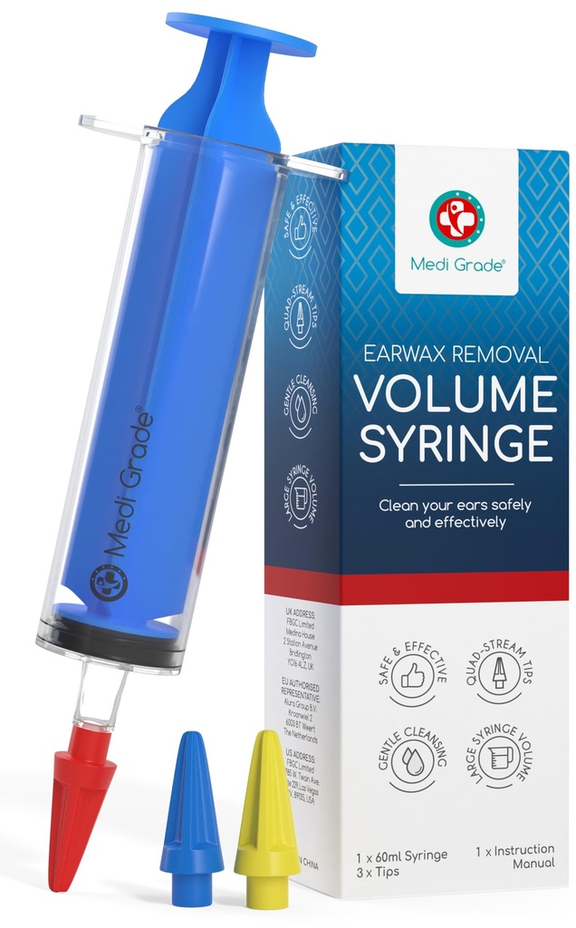 Medi Grade Ear Syringe Ear Wax Removal Kit with 3 Quad-Stream Tips - Ear Irrigation Flushing System - Ear Wax Cleaner to Improve Hearing Clarity and Aural Hygiene - Large Ear Wax Syringe - 2.03 fl oz