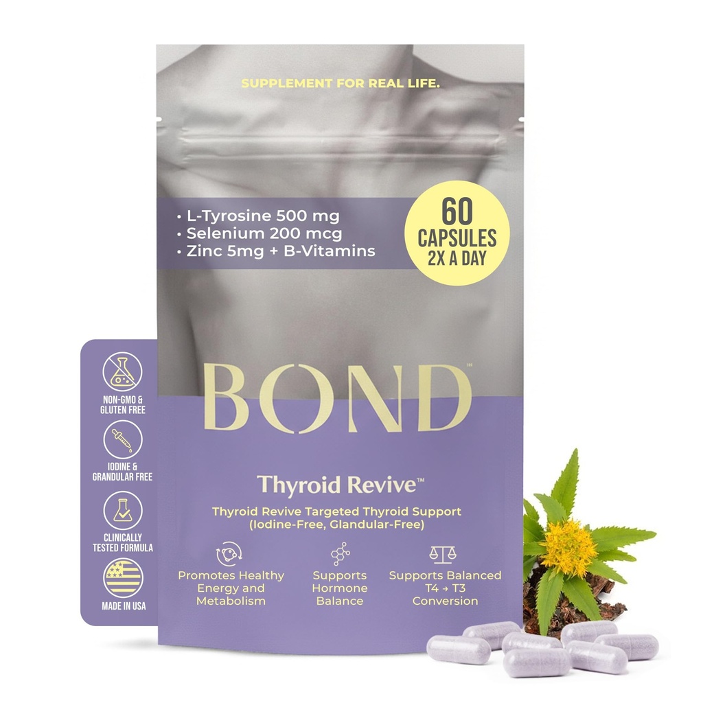 BOND Thyroid Complex, Thyroid Support Supplement for Women & Men, Selenium 200mcg, L-Tyrosine 500mg, Natural Energy & Metabolism Booster with Zinc & Rhodiola Extract, Iodine Free - 60 Capsules (2/day)