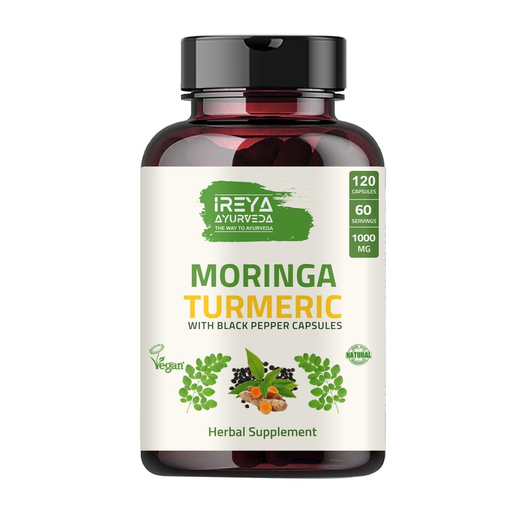 Organic Moringa Oleifera Powder & Turmeric Root Powder with Blackpepper 120 Capsules | Made with Organic Moringa, Turmeric and Black Pepper | Vegan, Gluten-Free and Non-GMO.