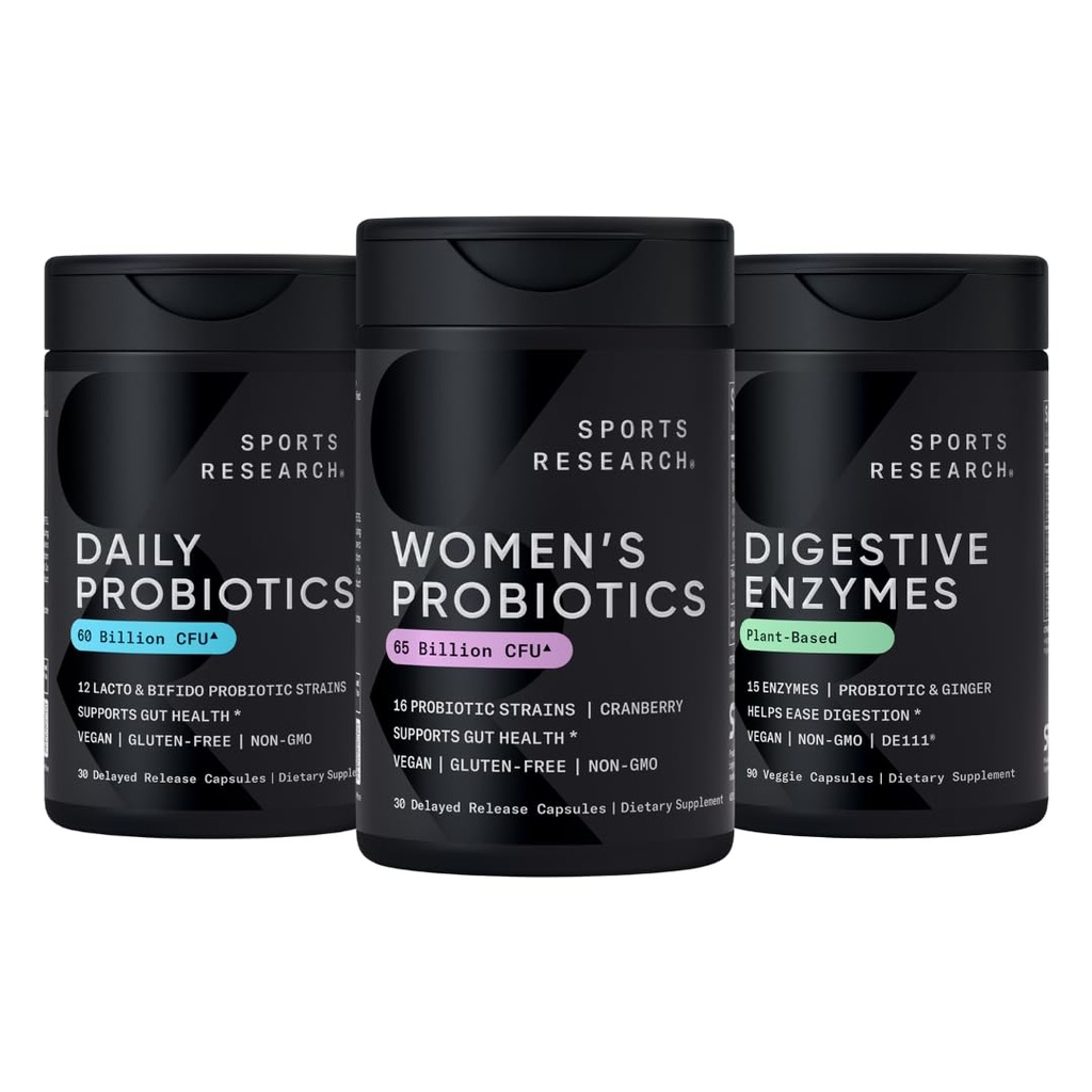 Sports Research® All Vegan - Daily Probiotics with Prebiotics (60 Billion CFU), Digestive Enzymes with & Ginger (Plant Based) & Women's Probiotics with Prebiotics (65 Billion CFU)