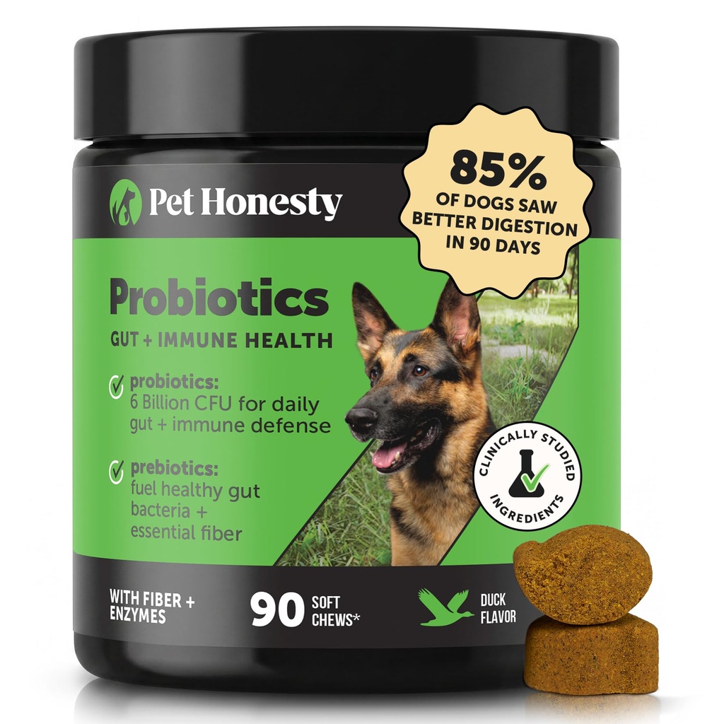 6 Billion CFU Dog Probiotics with Prebiotics, Digestive Enzymes, & Fiber - Relief for Occasional Diarrhea, Gas, Bloating & Itchy Skin - Daily Gut Health & Immune Support for All Dogs (Duck, 90 Ct)