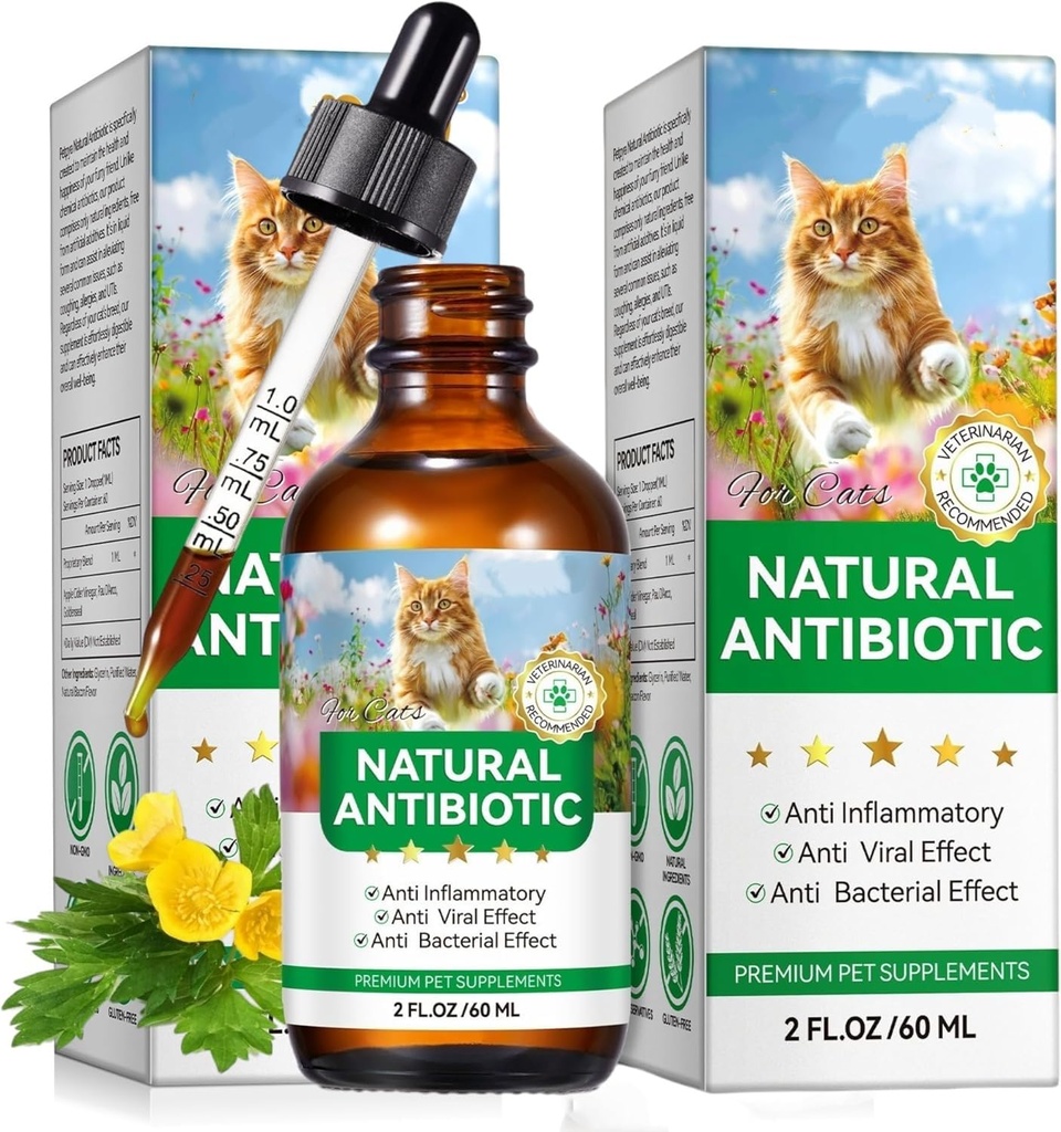 Antibiotics for Cats, Natural Antibiotics for Cats, Cat Antibiotics for Infection Supports Immune & Cats Allergy Relief, Cat Multivitamin UTI Drops Natural Supplement for All Ages & Breeds-2PCS