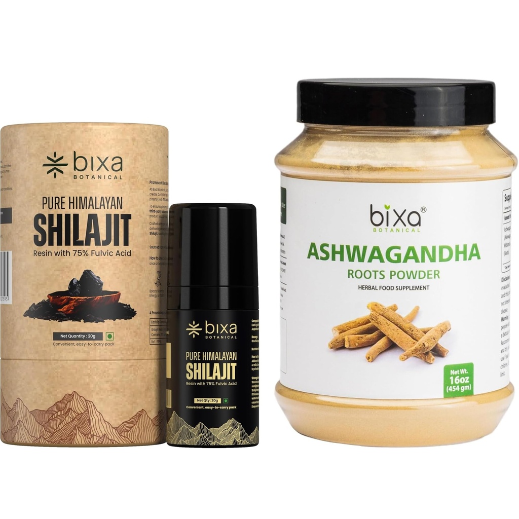 bixa BOTANICAL Shilajit Resin + Ashwagandha Root Powder | Natural Energy & Supports Stamina Booster for Men | Supports Muscle, Mood & Immunity | Vegan Herbal Combo