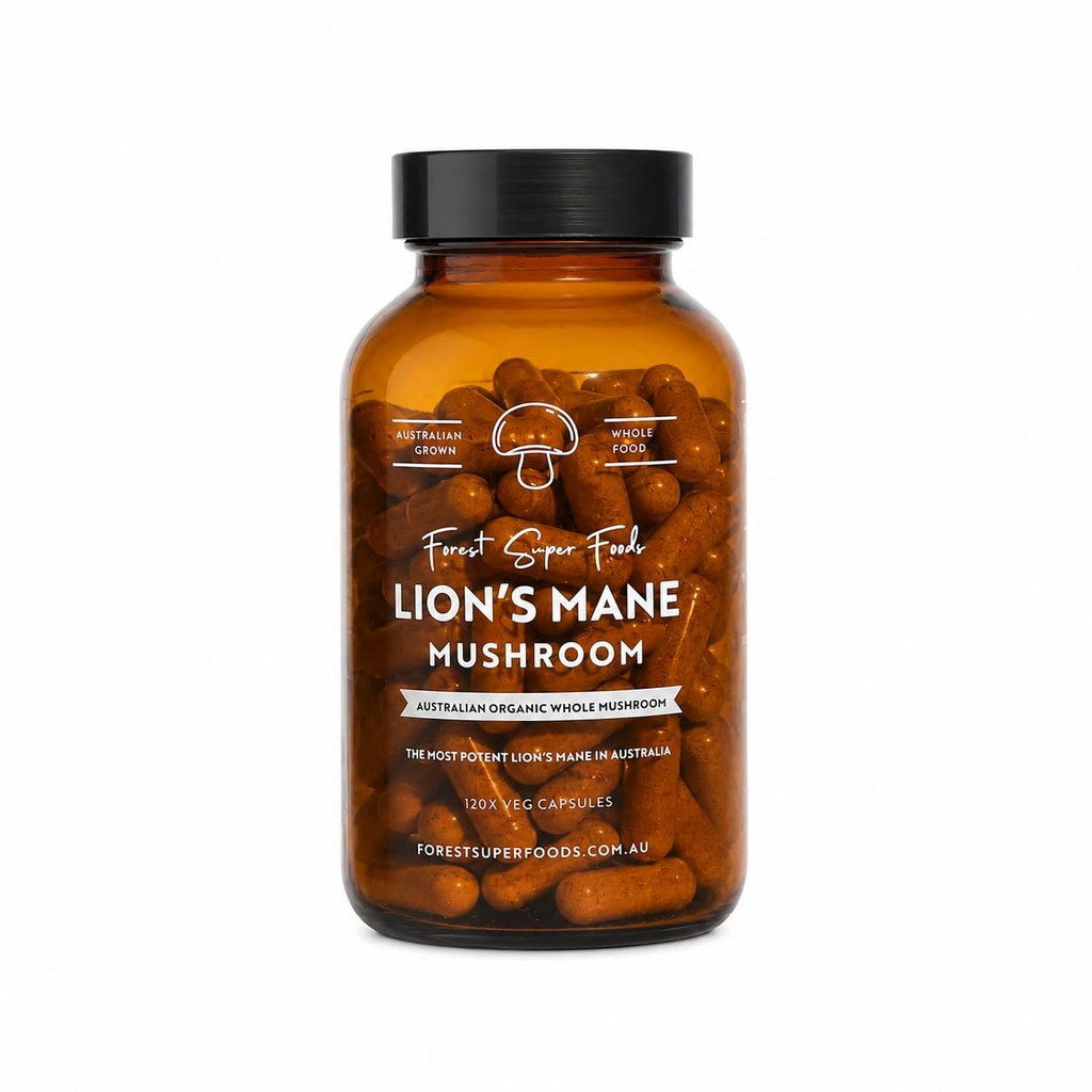 Forest Super Foods Lion's Mane Mushroom Capsules – Australian Grown | Freeze Dried | Erinacine A Verified – Focus, Memory & Nerve Support – 120 Vegan Capsules