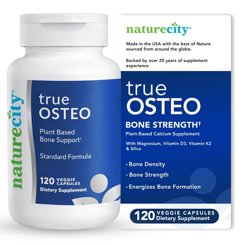 NatureCity True-Osteo Plant-Based Supplement for Bone Strength | AlgaeCal Calcium & Magnesium, Plant-Based Vitamin D3, Vitamin K2, Silicon| Gentle on Stomach (120 Veggie Capsules)