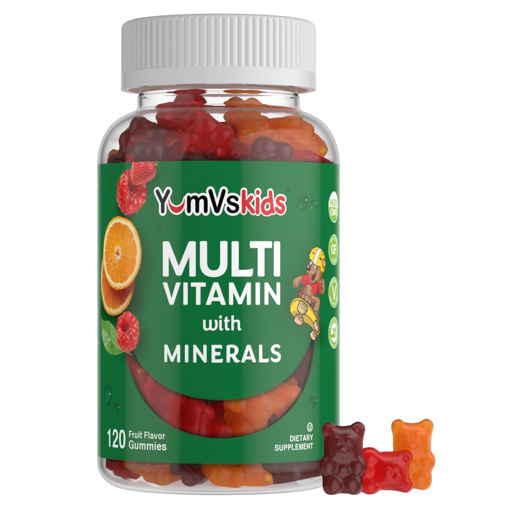 YumVs Kids Multivitamin Gummies - Fruit Flavored Chewable Children's Multivitamin - Kids Vitamins Multivitamin Gummy with 12 Minerals & Vitamins A C D3 E B6 B12 (120 Count (Pack of 1))