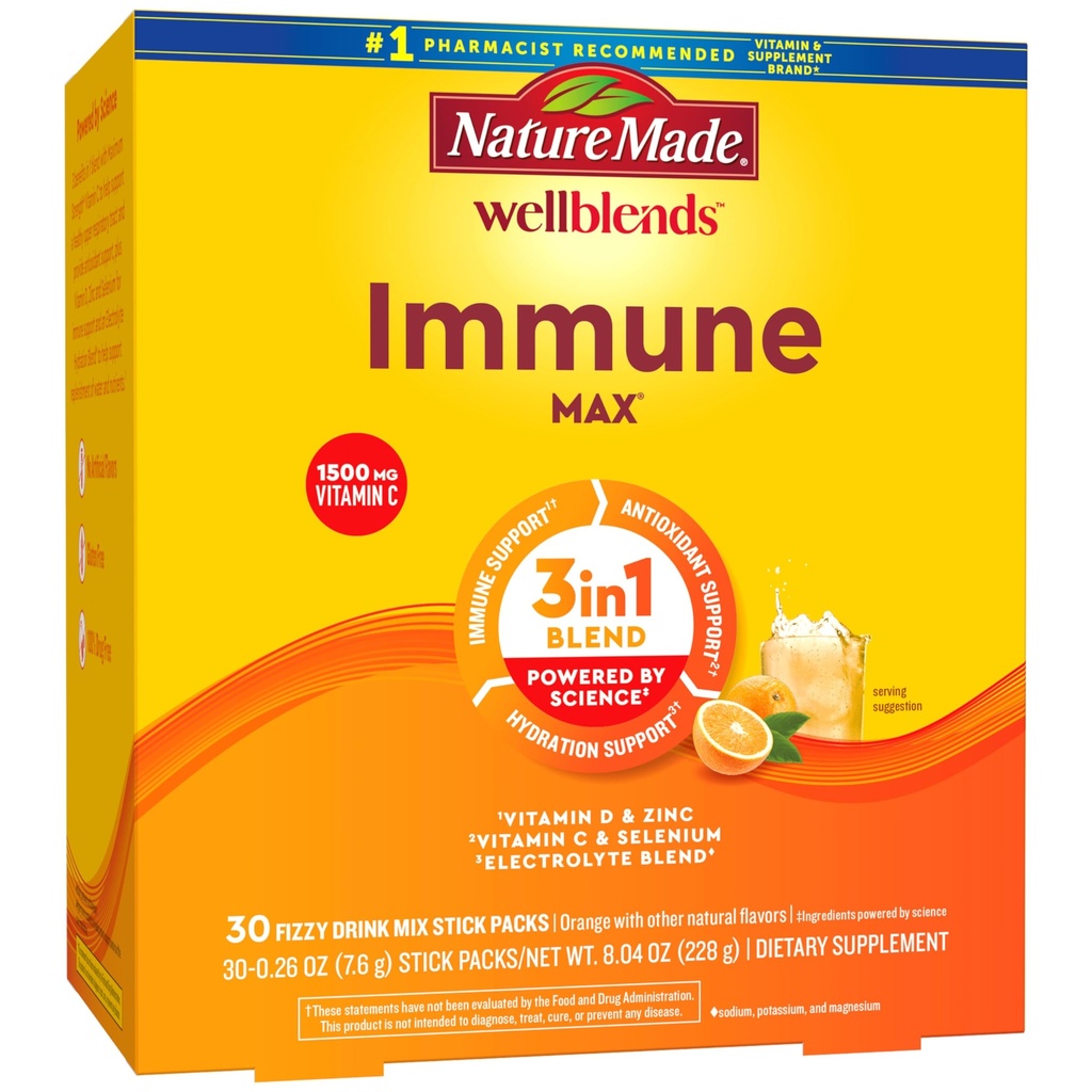 Nature Made Wellblends ImmuneMAX Fizzy Drink Mix, Vitamin C 2000mg with Zinc 20 mg, Vitamin D3 1000 IU (25 mcg), plus Seven B Vitamins and Electrolyte Hydration Blend, 30 Stick Packs