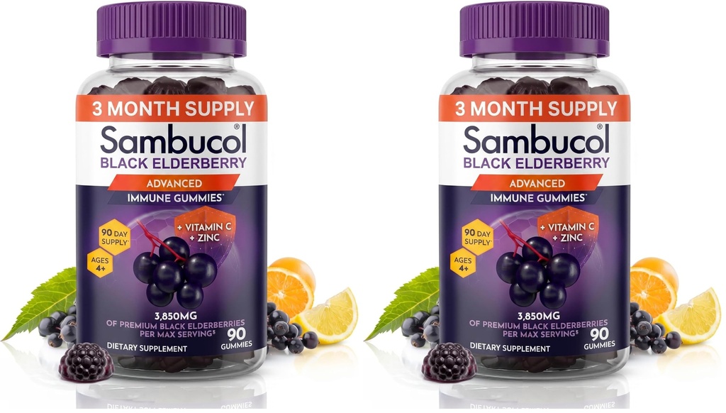 Sambucol Elderberry Gummies - Immune Support Supplement for Adults & Kids with Vitamin C & Zinc, Elderberry are High in Antioxidants, Gluten Free, Vegan - 90 Count (Pack of 2)