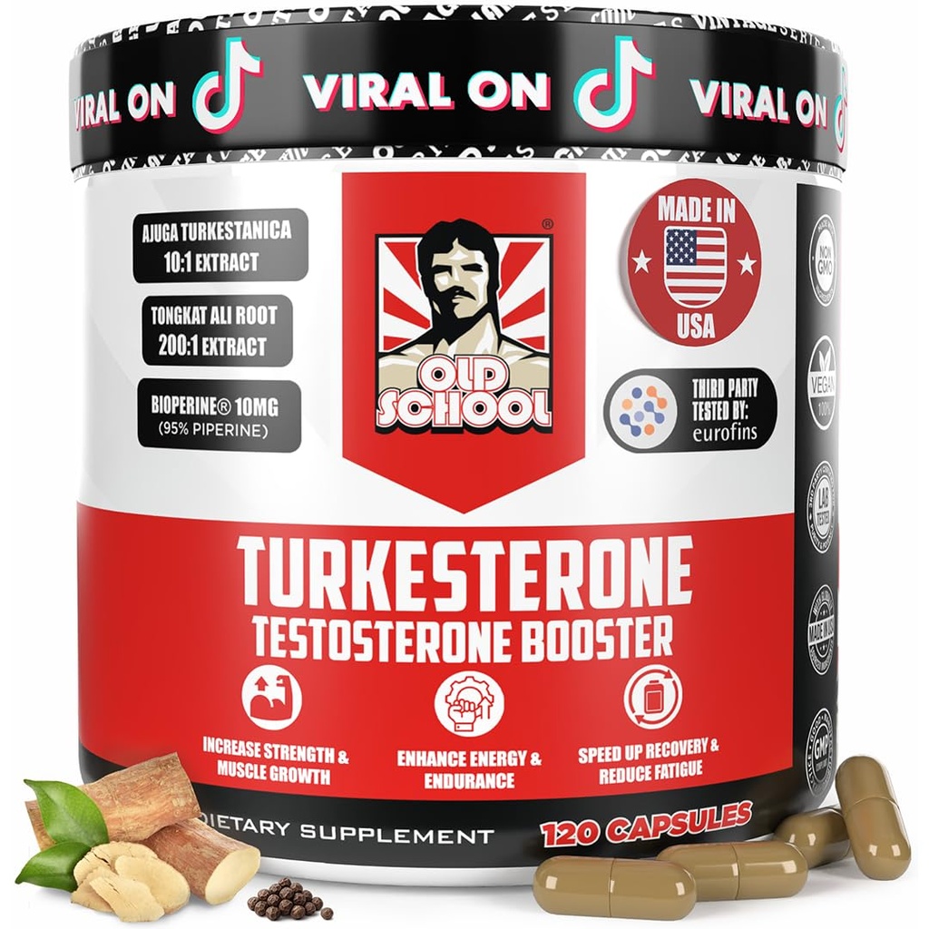 Old School Labs Testosterone Supplement for Men – Max Potency Tongkat Ali with BioPerine® for Max Absorption, Supports Muscle, Strength, Recovery, Drive & Stamina – Turkesterone, 120 Capsules