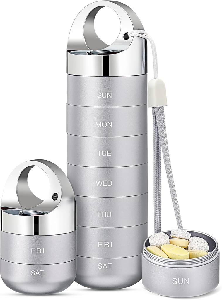 Zannaki Metal Travel Pill Organizer, Portable Waterproof Weekly Pill Box, Large Aluminum Alloy Pill Case Container, BPA Free 7 Day Daily Medicine Organizer Holder for Vitamin, Fish Oil, Supplement