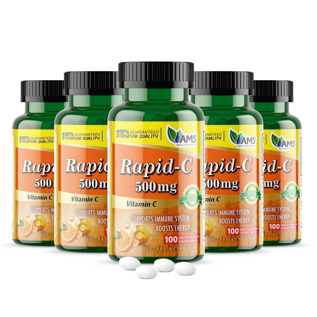 America Medic & Science Rapid-C 500mg Vitamin C Supplement 500 Tablets (5 Pack of 100 Tablets) Daily Immune System Support, Antioxidant | Vegan, Non-GMO Coated Ascorbic Acid for Adult Men & Women
