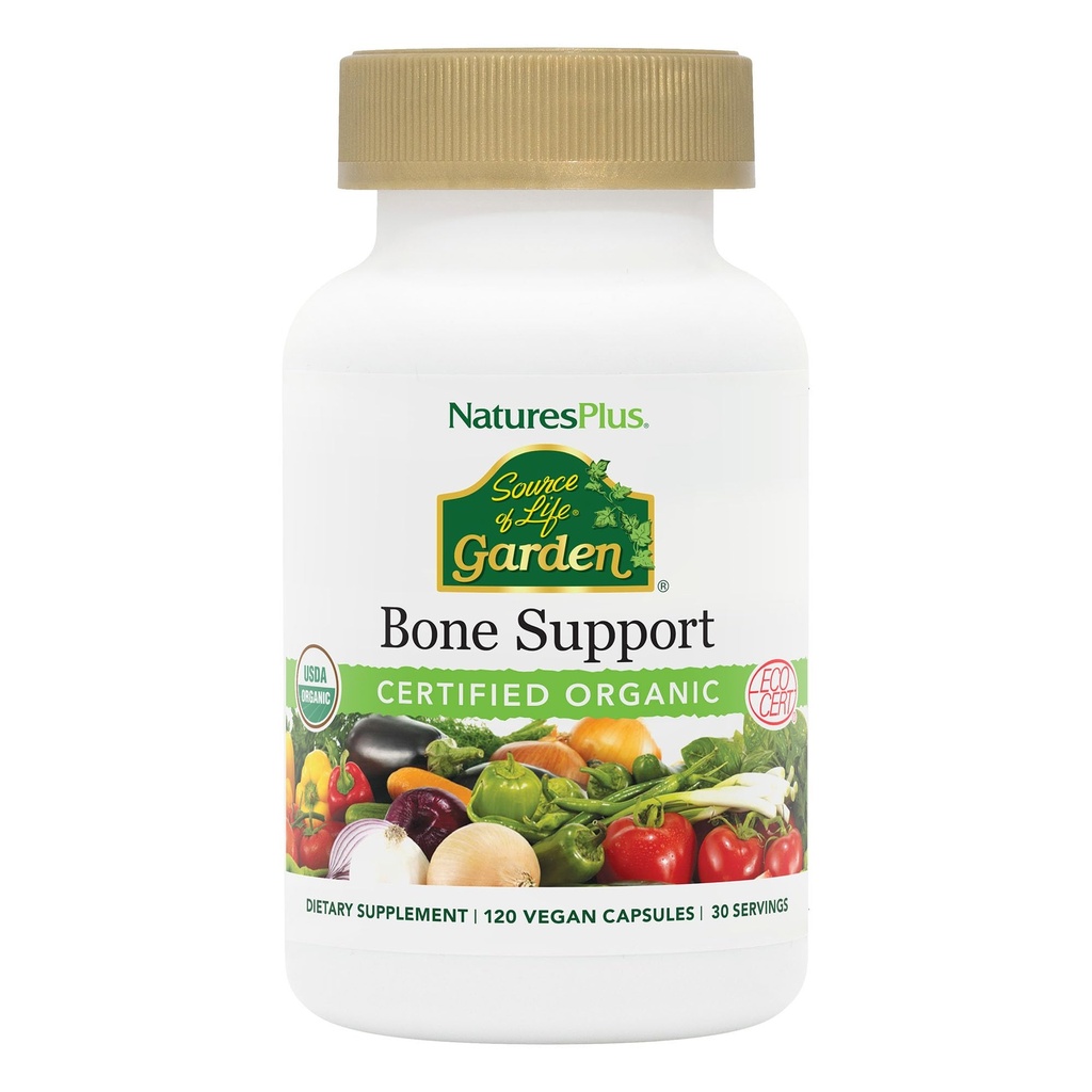 NaturesPlus Source of Life Garden Bone Support - 120 Capsules - Calcium and Magnesium Supplement with Vitamin D3 & K2 - USDA Certified Organic, Non-GMO, Vegan, Gluten Free - 30 Servings