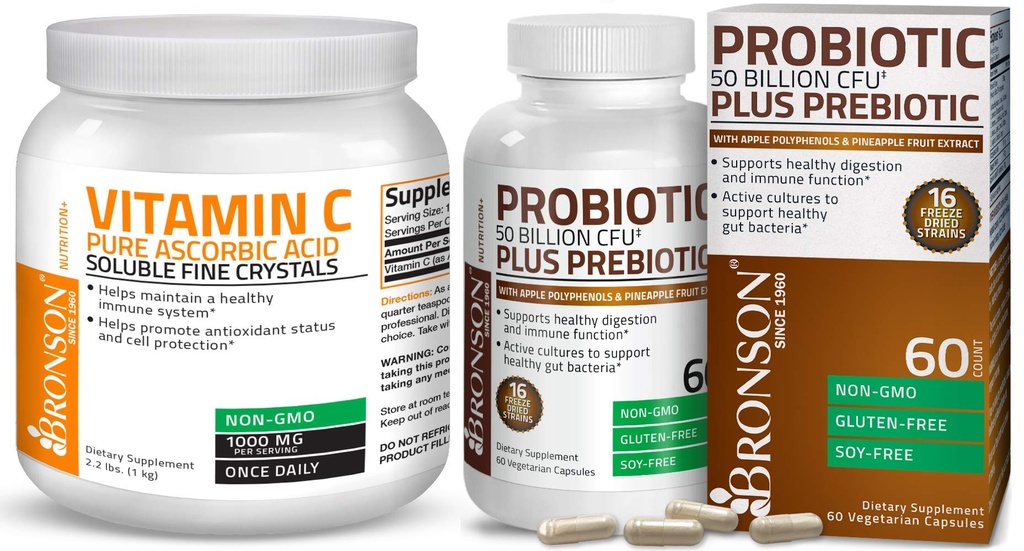 Bronson Probiotic 50 Billion CFU + Prebiotic with Apple Polyphenols & Pineapple Fruit Extract Vitamin C Powder Pure Ascorbic Acid Soluble Fine Non GMO Crystals