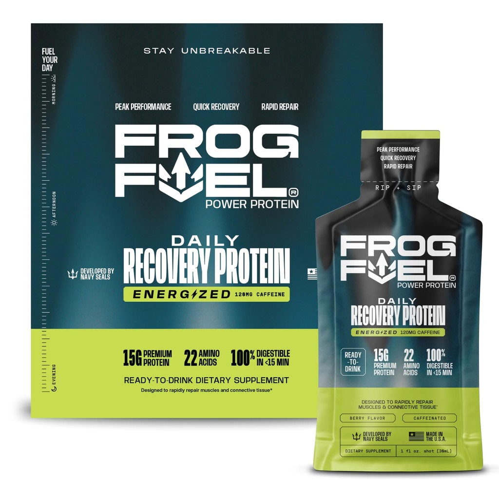 Frog Fuel Power Energized Complete Protein Shot, 15g, Nano Hydrolyzed & Grass Fed, 80mg Caffeine, Gluten Free, Fat & Sugar Free, 22 Amino Acids, 0 Carbs, Berry, 1 oz Packets, 24 Pack