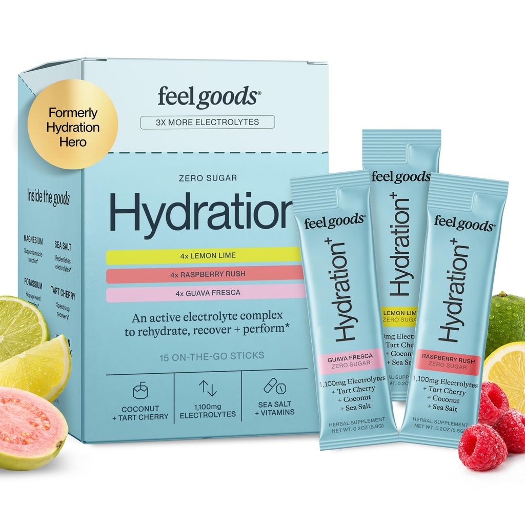 Feel Goods Hydration+, 1,100mg Electrolytes, Sugar Free Packets, Daily Hydration, Magnesium, Organic Tart Cherry, Potassium, Less Cramping, Energy Boost - Electrolyte Powder Packets - 12 Variety Pack