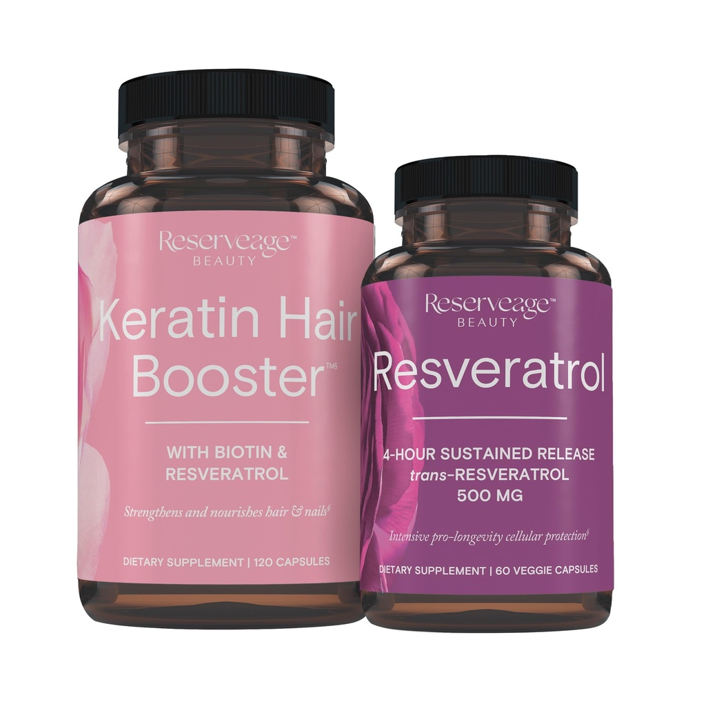 Reserveage Nutrition Keratin Hair Booster with Biotin & Resveratrol, Hair and Nail Growth Supplement, 120 Capsules (60 Servings) & Resveratrol 500 mg, Supports Healthy Aging and Immune System