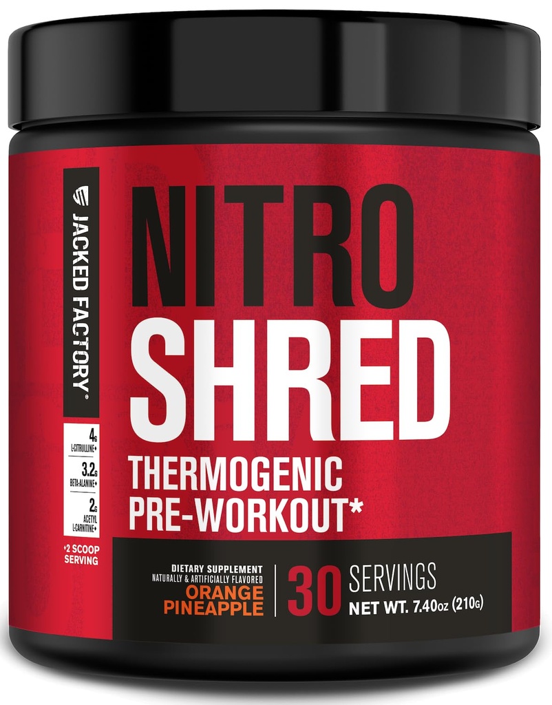 Jacked Factory NITROSURGE Shred Pre Workout Supplement - Energy Booster, Instant Strength Gains, Sharp Focus, Powerful Pumps - Nitric Oxide Booster & PreWorkout Powder - 30Sv, Orange Pineapple