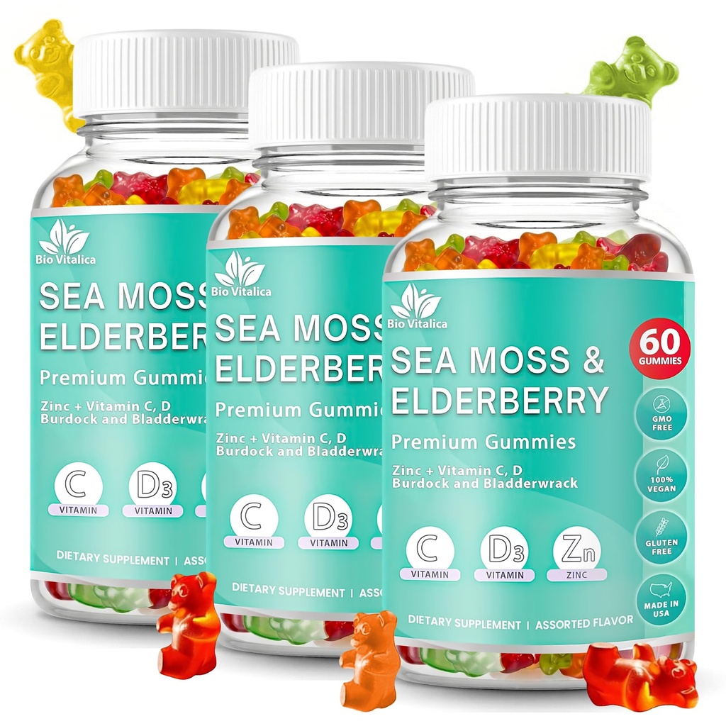 Irish Sea Moss Gummies with Elderberry – USA Made Vegan Gummies with Vitamin C, D & Zinc – Immune Support Supplement with Bladderwrack & Burdock Root for Adults & Kids – 3 Packs