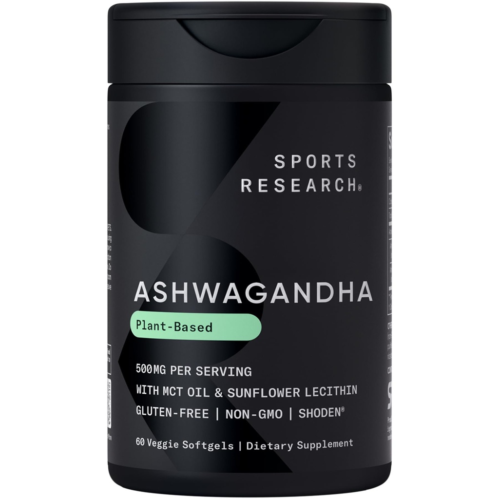 Sports Research® Ashwagandha Softgels with Coconut MCT Oil - Natural Adaptogen Made with Shoden® Ashwa for Relaxation, Calm & Sleep Support - Gluten Free & Vegan Friendly - 60 Count