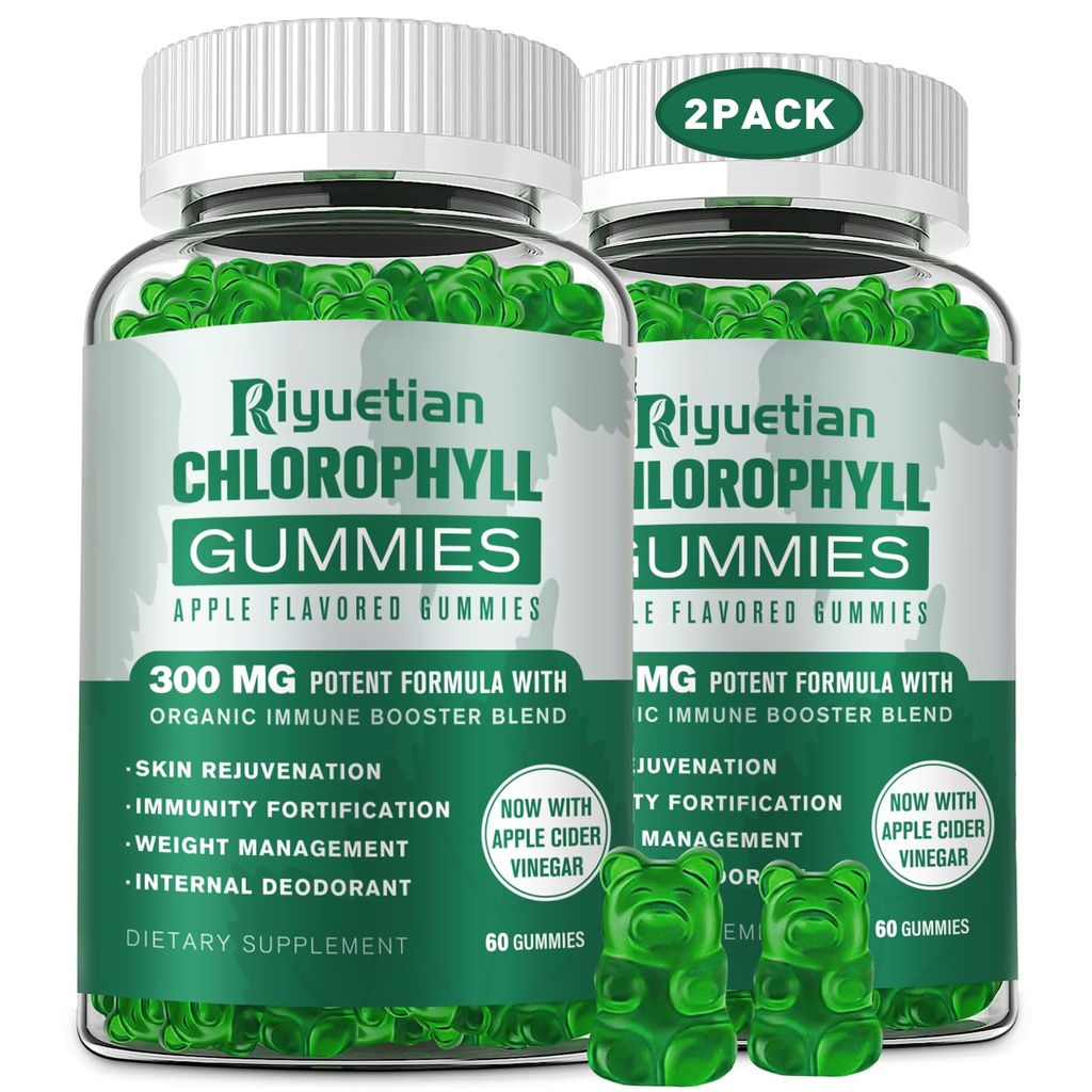 Sugar Free Chlorophyll Gummies - with Unfiltered ACV & Vitamin C、B12 - Energy Boost, Immune & Digestion Support, Natural Deodorant, Skin Care - Vegan, Non-GMO - 120 Gummies