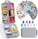 14 Grids Travel Pill Organizer Box with 415-Pcs Medicine Name Labels - Pocket Daily Pharmacy Case Container - Travel Medication Holder Dispenser Kit for Fish Oil Vitamin Supplement Storage - Grey