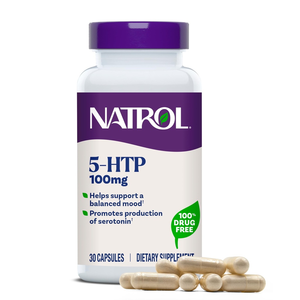 Natrol Mood + Stress 5-HTP 100 mg, Dietary Supplement for a Balanced Mood, Capsules for Adults, 30 Capsules, Up to a 30 Day Supply