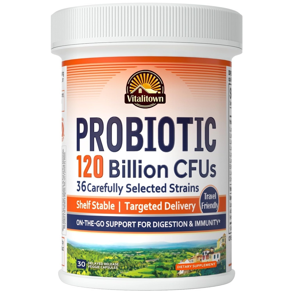 Vitalitown Probiotics 120 Billion CFUs | 36 Strains + Prebiotics + Digestive Enzymes for Men Women | Delayed Release | Shelf Stable | On The Go Digestive & Immune Support | Vegan Non-GMO | 30 Veg Caps