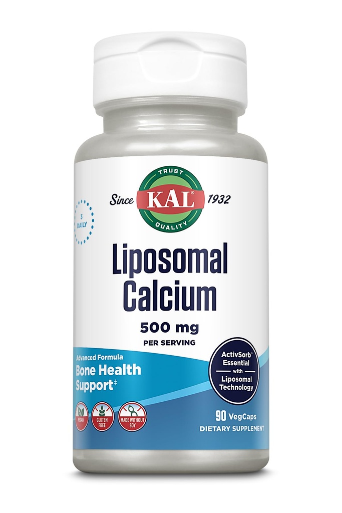 KAL Liposomal Calcium 500 mg, High Absorption Calcium Supplement, Essential Calcium Support, Vegan, Gluten Free, No Soy, 30 Servings, 90 VegCaps