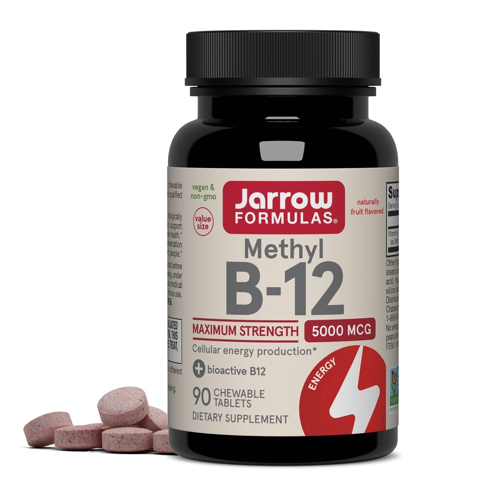 Jarrow Methyl Vitamin B-12 5000 mcg, Cellular Energy, 90 Chewable Tablets | Fruit Flavored, Bioactive B12 Vitamin, Supports Cellular Energy Production, Brain Health & Metabolism, 90 Servings
