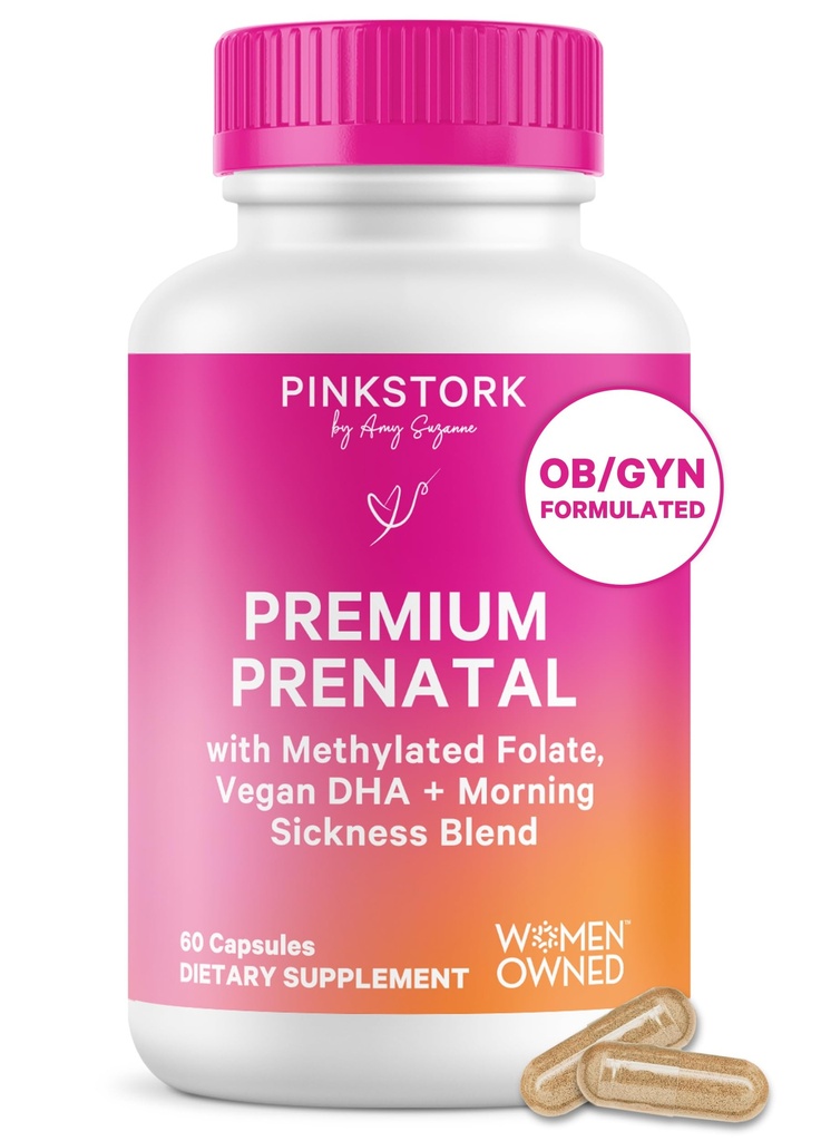 Pink Stork Premium Prenatal Vitamins for Women | Methylated Folate, Choline, Vegan Algae DHA, Iron | Doctor-Formulated | Organic Whole-Foods + Probiotic | No Fishy Burps | Gentle on Stomach, 60 Count