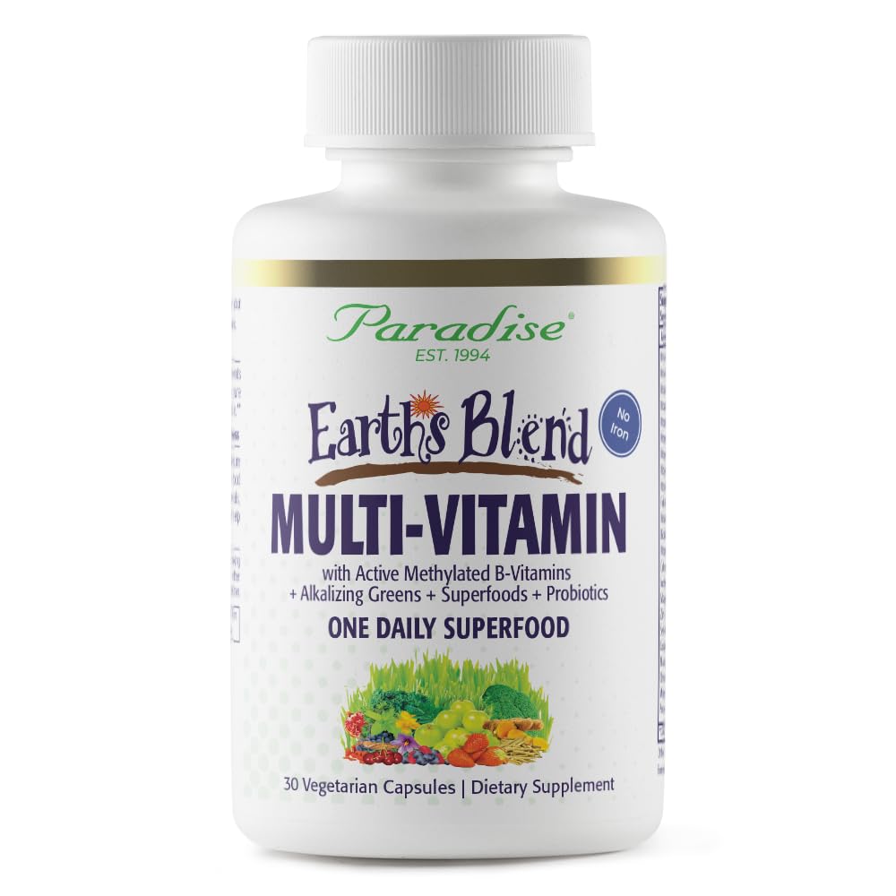 Paradise Herbs Earth's Blend Once Daily Multivitamin, No Iron, 48 Organic Superfoods, Probiotics, Antioxidants, Vitamins A, B12, C, D, K2, 30 Count