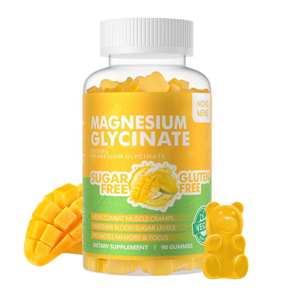 90 CT Magnesium Glycinate Gummies 1000mg - Sugar Free Magnesium Potassium Supplement with Vitamin D, B6, CoQ10 for Calm Mood & Sleep Support - 90 Mango Pineapple Gummies